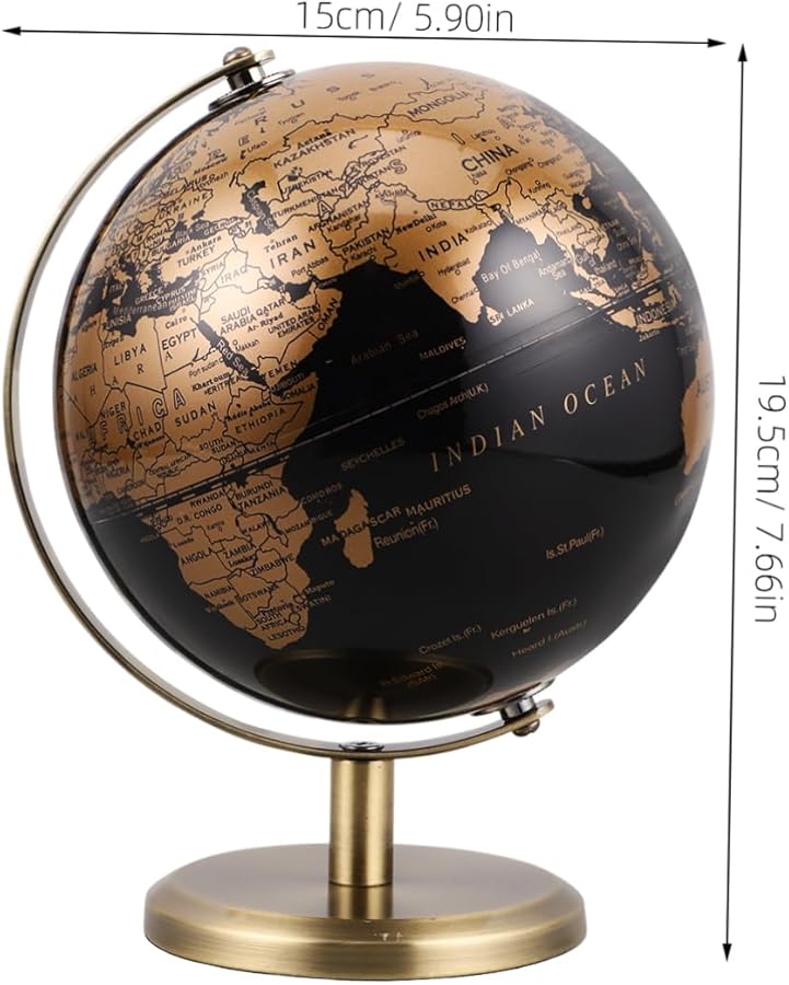 كرة أرضية مكتبية دوارة من البرونز العتيق بخريطة سوداء وذهبية لتزيين المكتب - Image 2